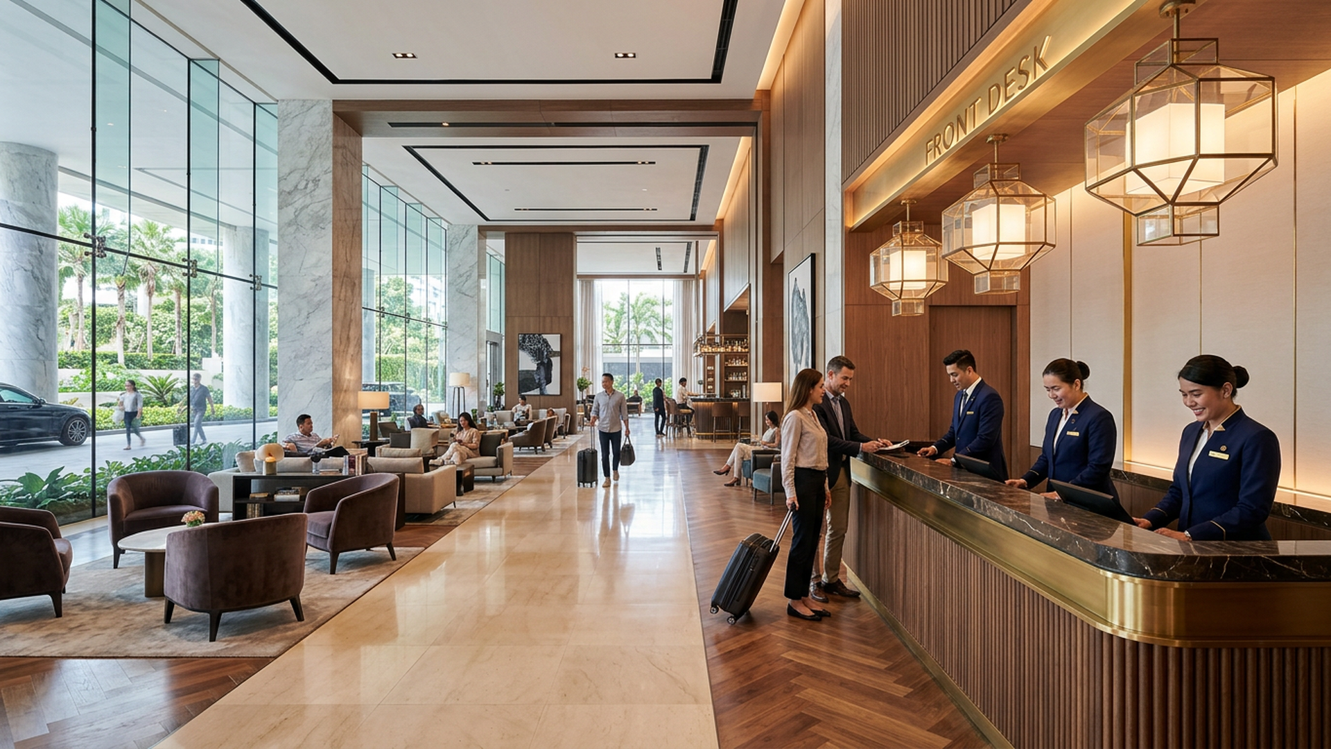 Modern, luxurious hotel lobby with staff at the front desk